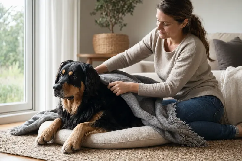 Ein Hovawart Hund liegt entspannt in einem hellen Zuhause, während sein Besitzer ihm liebevoll eine Decke überlegt.
