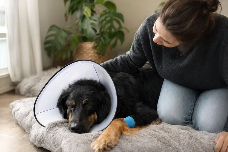 Ein Hovawart Hund ruht auf einer weichen Decke nach einer tierärztlichen Behandlung und trägt einen medizinischen Schutzkragen, während sein Besitzer beruhigend daneben sitzt.