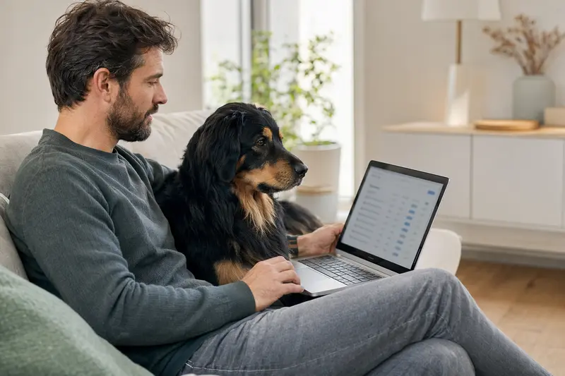 Ein Besitzer sitzt mit Laptop auf einem Sofa, neben ihm ein Hovawart, während er sich mit Versicherungsvergleichen befasst.