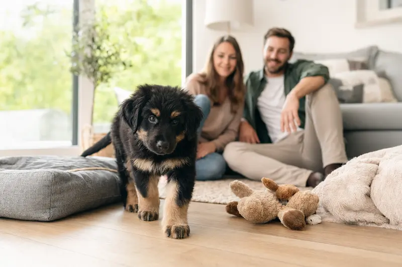 Ein junger Hovawart Welpe erkundet neugierig sein neues Zuhause mit einer weichen Decke und einem Spielzeug, während im Hintergrund eine liebevolle Familie zu sehen ist.