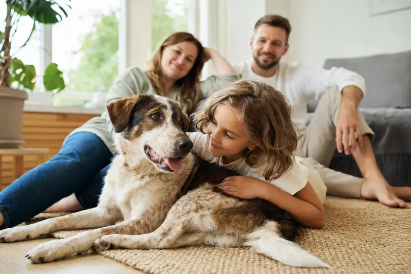 Hruborsty Stavac Slovensky Hund liegt entspannt neben einem Kind im Wohnzimmer, während die Eltern im Hintergrund eine sichere Familienatmosphäre schaffen.