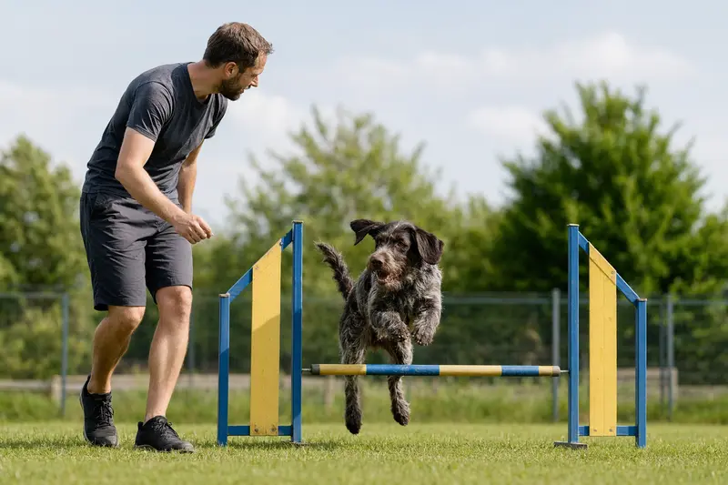 Ein Hruborsty Stavac Slovensky trainiert mit seinem Besitzer auf einem Hundeplatz über eine kleine Hürde.