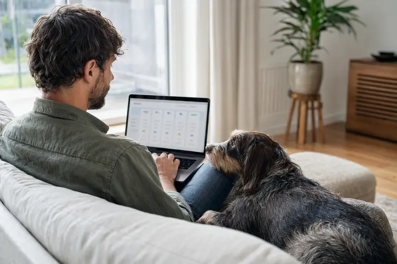 Ein Besitzer mit einem Hruborsty Stavac Slovensky Hund sitzt auf dem Sofa und vergleicht Versicherungen auf seinem Laptop.