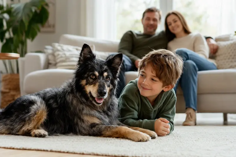 Ein entspannter Hrvatski Ovcar liegt im Wohnzimmer neben einem Kind, während die Eltern im Hintergrund eine sichere Familienatmosphäre schaffen.
