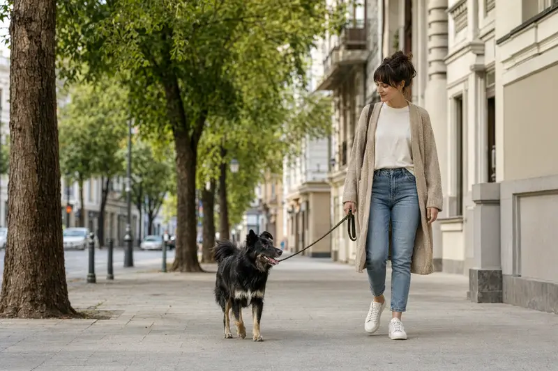 Ein Hrvatski Ovcar läuft an der Leine mit seinem Besitzer durch eine moderne Stadtstraße.