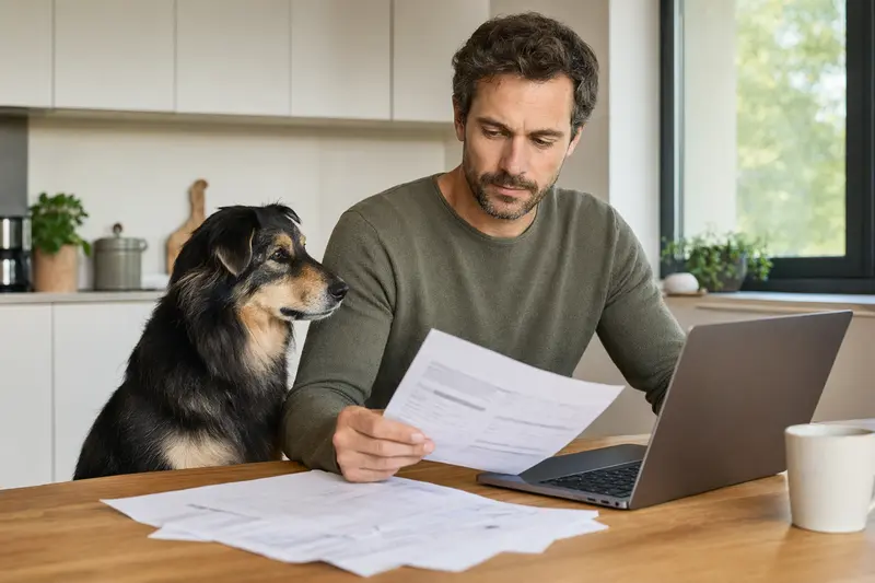 Ein Hrvatski Ovcar Hund sitzt ruhig neben seinem Besitzer am Küchentisch mit Versicherungsunterlagen und einem Laptop.