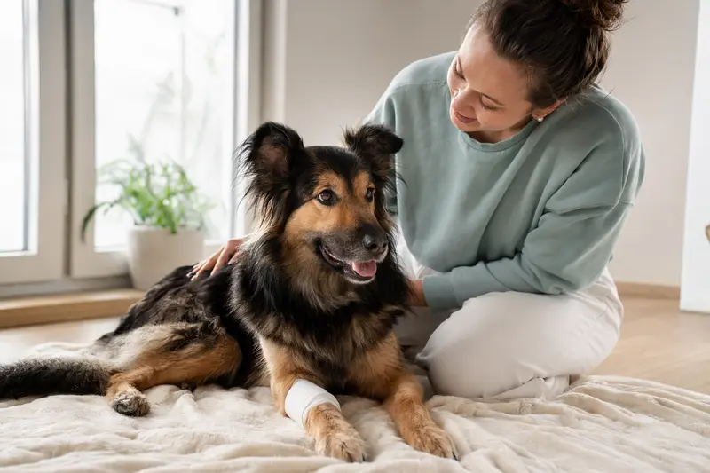 Ein Hrvatski Ovcar Hund mit leichtem Verband an der Pfote liegt entspannt auf einer Decke neben seinem erleichterten Besitzer.