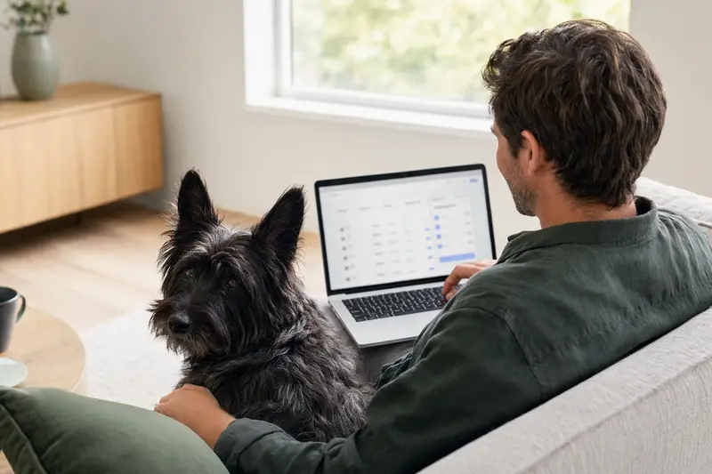Besitzer mit Laptop auf dem Sofa, neben ihm ein Hrvatski Ovcar Hund, zeigt eine neutrale Versicherungsvergleichs-Oberfläche.