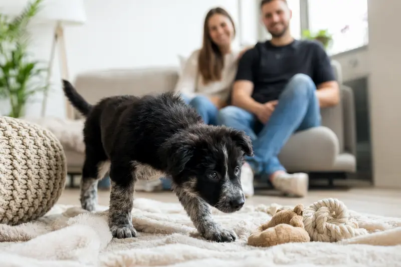 Ein neugieriger Hrvatski Ovcar Welpe erkundet sein gemütliches neues Zuhause mit weicher Decke und Spielzeug, während seine liebevolle Familie im Hintergrund zu sehen ist.