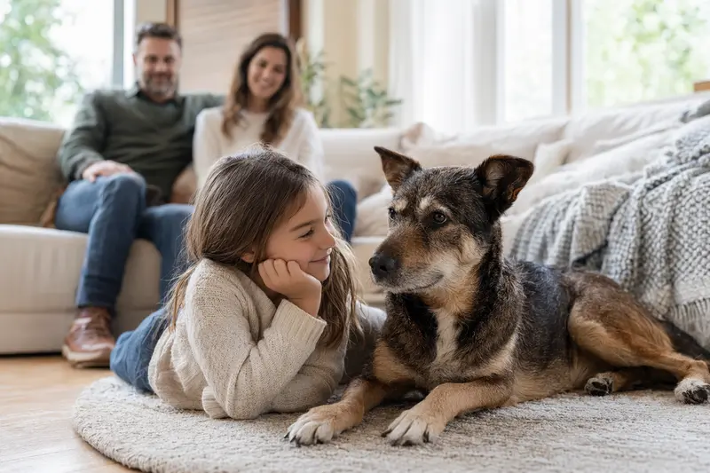 Ein freundlicher Hund liegt entspannt neben einem Kind im hellen Wohnzimmer, während die Eltern im Hintergrund eine sichere Familienatmosphäre schaffen.