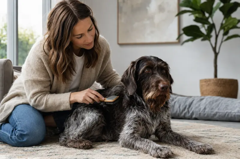 Ein Hubertushund wird zuhause sanft gebürstet, während sein Besitzer liebevoll die Fellpflege übernimmt.