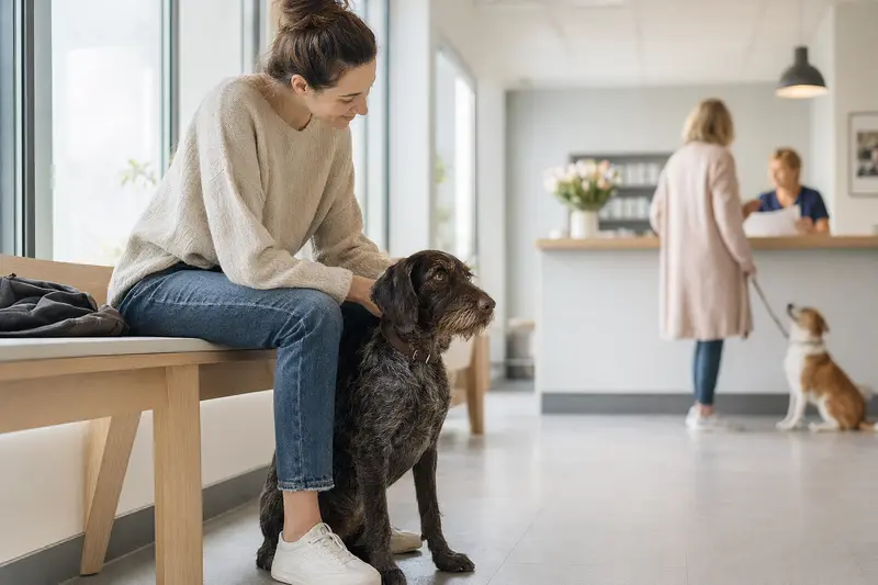 Ein Hubertushund sitzt ruhig neben seinem Besitzer im hellen Wartezimmer einer modernen Tierarztpraxis.