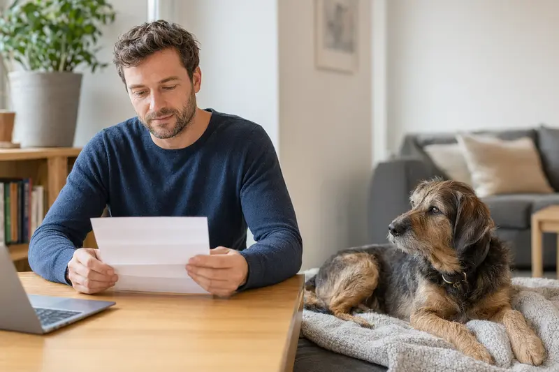 Ein Hundebesitzer sitzt mit einer Tierarztrechnung am Tisch, während ein entspannter Hund auf einer Decke daneben liegt – ein ruhiges Motiv zur Hundekrankenversicherung.