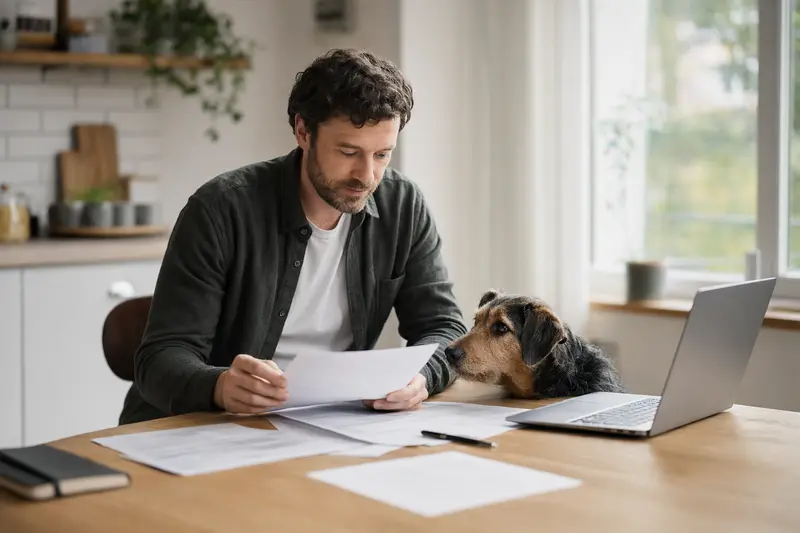 Ein Hubertushund mit Besitzer am Küchentisch, umgeben von Versicherungsunterlagen und einem Laptop.