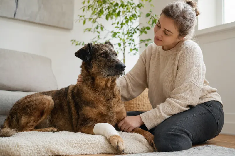 Ein Hubertushund mit leichtem Verband liegt entspannt auf einer Decke, während sein Besitzer beruhigt daneben sitzt.