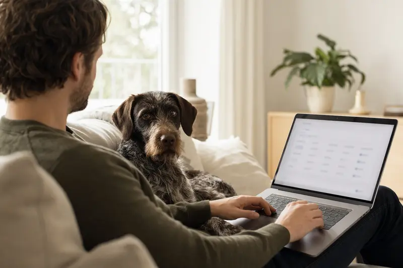 Besitzer sitzt mit Laptop auf dem Sofa, während der Hubertushund entspannt daneben liegt und finanzielle Entscheidungen zur Haustierversicherung getroffen werden.