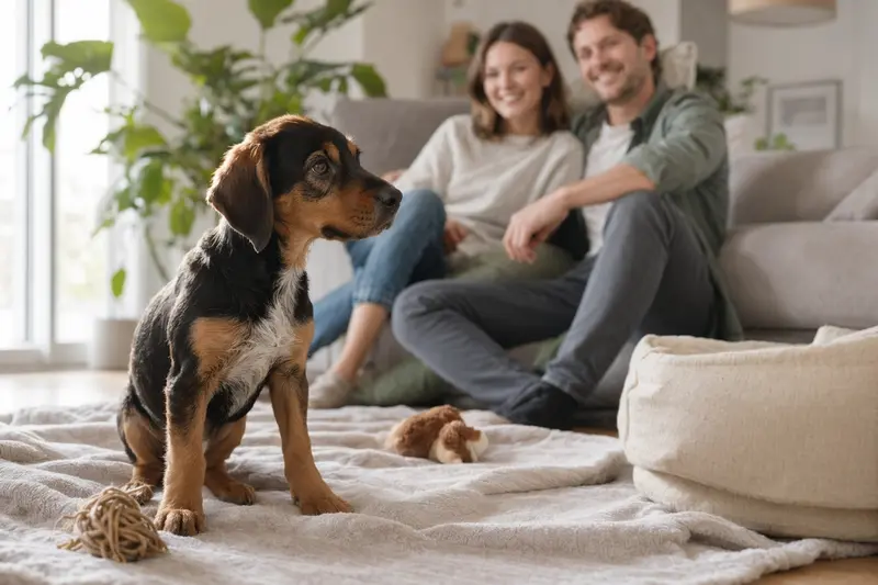Ein junger Hubertushund Welpe erkundet neugierig sein neues Zuhause mit Spielzeug und einer weichen Decke.