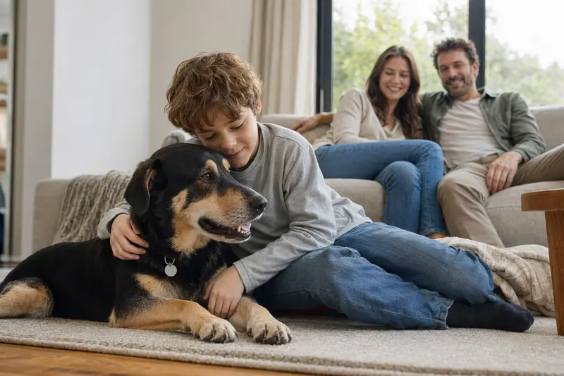 Ein freundlicher Huntaway Hund liegt entspannt neben einem Kind im Wohnzimmer, während die Eltern im Hintergrund eine helle und sichere Familienatmosphäre schaffen.