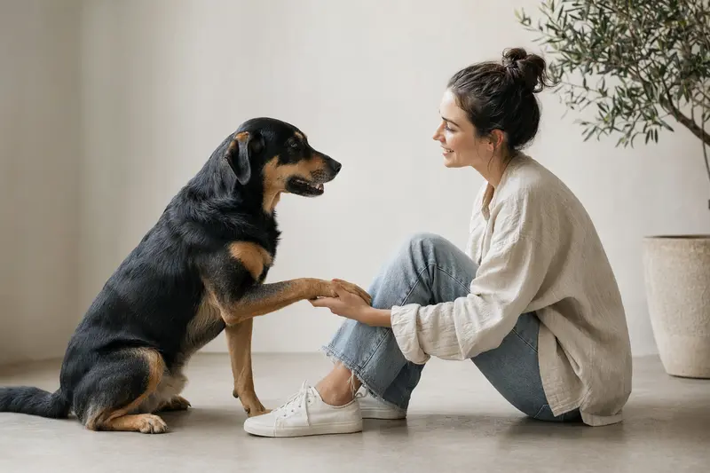 Aufmerksamer Huntaway Hund in natürlicher Haltung vor hellem, neutralem Hintergrund.