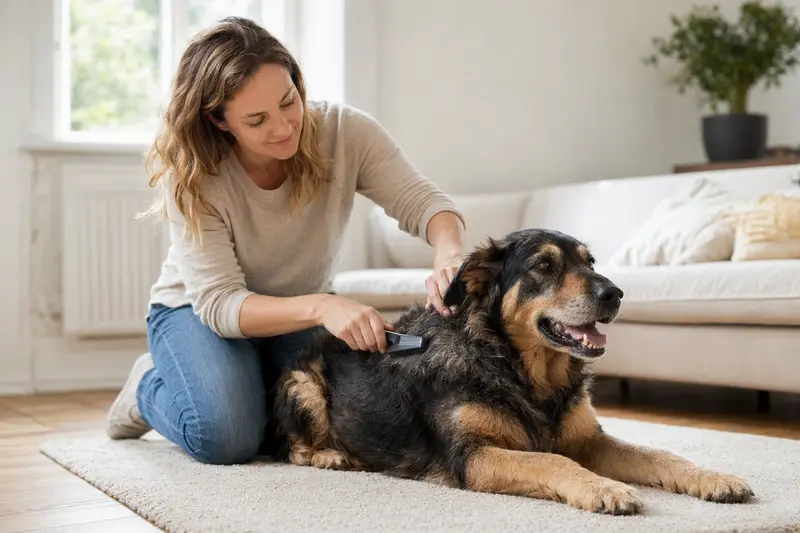 Ein Huntaway Hund wird in einer hellen Wohnung liebevoll gebürstet, was die regelmäßige Fellpflege und verantwortungsvolle Hundegesundheit betont.