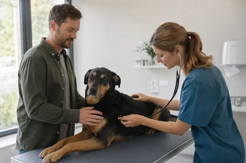 Ein Huntaway Hund während einer tierärztlichen Untersuchung auf einem Tisch, freundlich von einer Ärztin mit Stethoskop betreut.