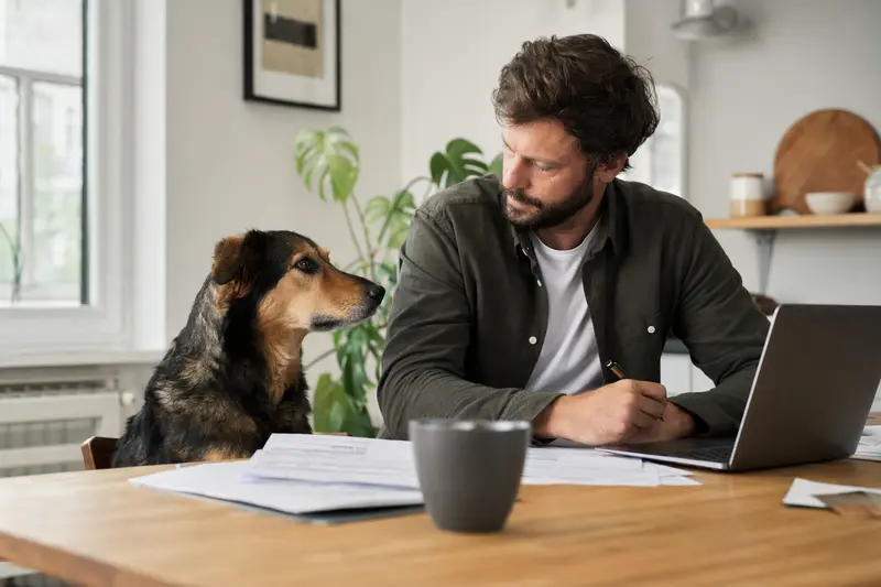 Ein Huntaway Hund sitzt entspannt neben seinem Besitzer am Küchentisch mit Versicherungsunterlagen und einem Laptop.