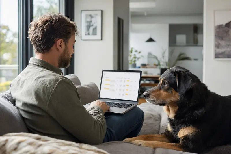 Ein Hundebesitzer sitzt auf dem Sofa mit einem Laptop, während sein Huntaway Hund neben ihm liegt und eine Versicherungsvergleichsseite auf dem Bildschirm zu sehen ist.