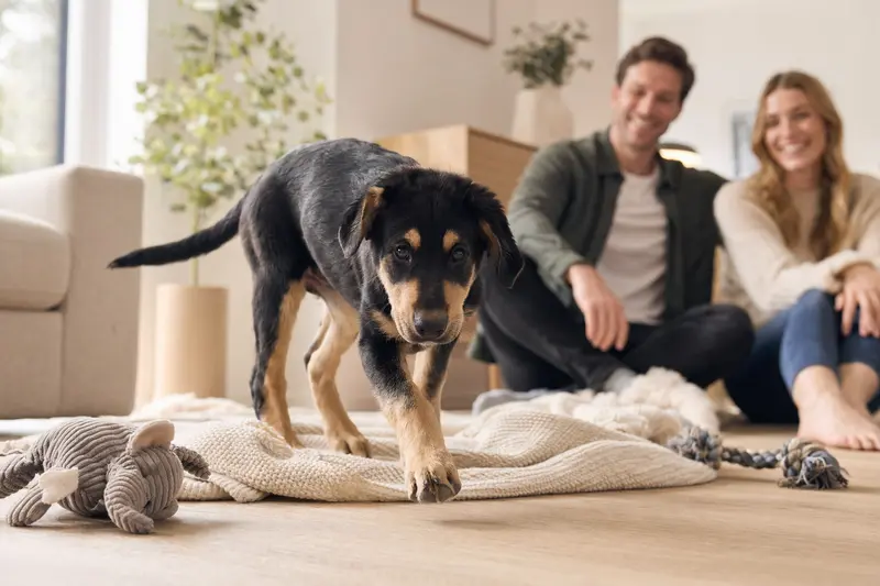 Ein neugieriger Huntaway Welpe entdeckt sein neues Zuhause mit einer weichen Decke und Spielzeug im Hintergrund.
