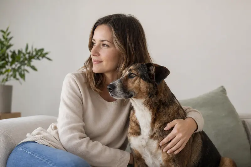 Ein aufmerksamer Hybridhund steht in natürlicher Haltung vor hellem, neutralem Hintergrund und zeigt ein realistisches Tierportrait mit feiner Fellstruktur.