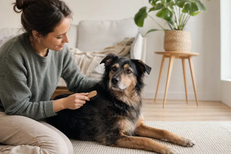 Ein Hybridhund wird zuhause sanft gebürstet, während sein Besitzer die Fellpflege liebevoll übernimmt.
