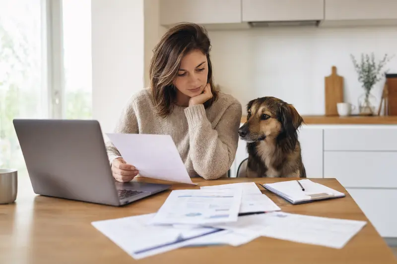 Ein Hybridhund sitzt neben seinem Besitzer am Küchentisch mit Versicherungsunterlagen und einem Laptop.