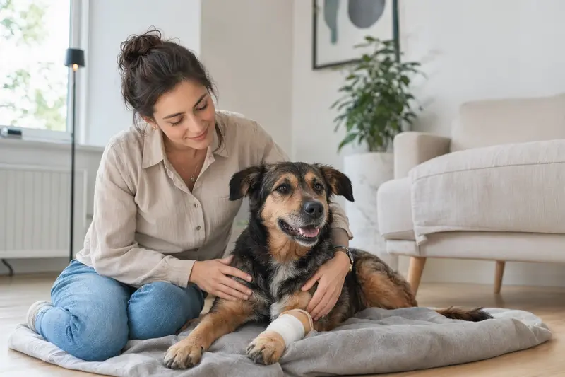 Ein Hybridhund mit leichtem Verband an der Pfote liegt entspannt auf einer Decke, während sein Besitzer beruhigt neben ihm sitzt.