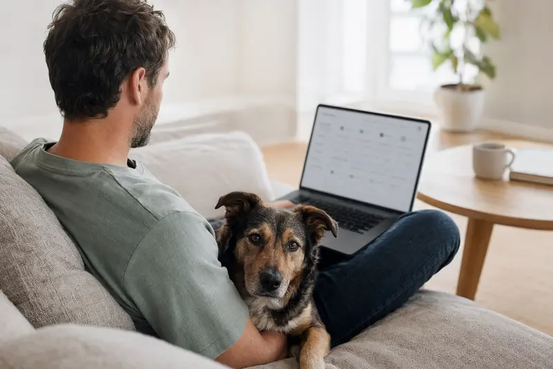 Ein Besitzer sitzt mit einem Laptop auf dem Sofa, während ein Hybridhund daneben entspannt, symbolisiert digitale Sicherheit bei der Wahl einer Tierversicherung.