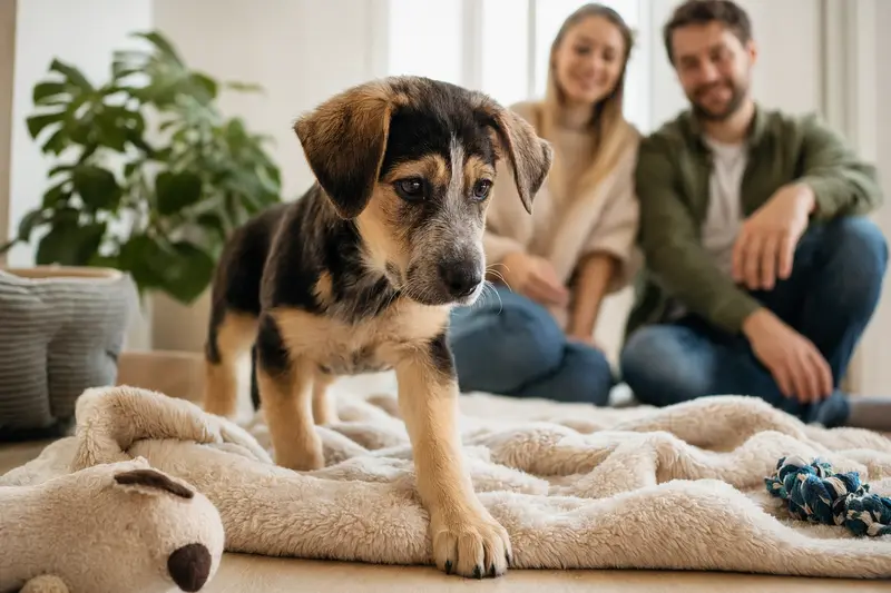 Ein neugieriger Hybridhund Welpe erkundet sein neues Zuhause mit weicher Decke und Spielzeug.