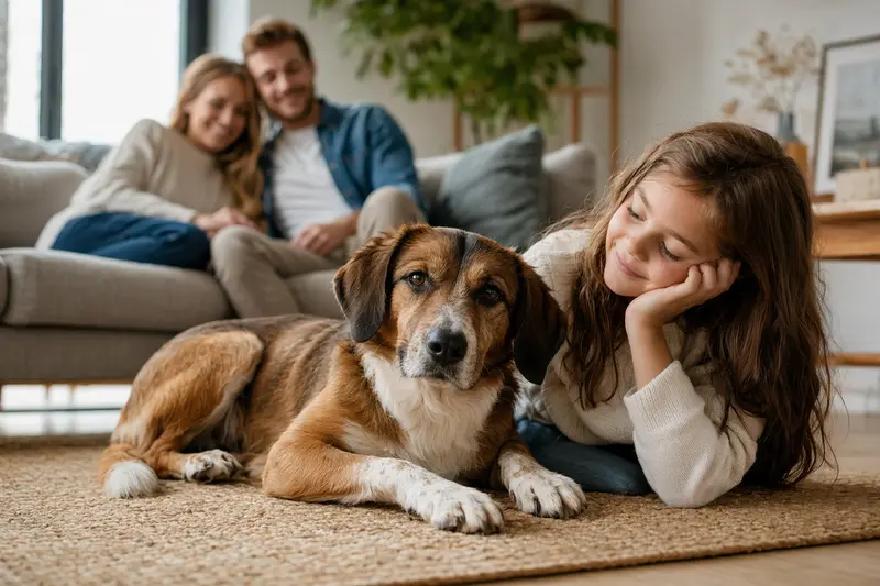 Ein freundlicher Hygenbracke liegt entspannt neben einem Kind im Wohnzimmer, während die Eltern im Hintergrund stehen und eine sichere Familienatmosphäre entsteht.