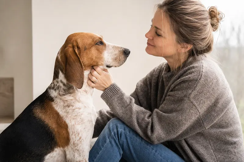 Ein aufmerksamer Hygenbracke Hund steht in natürlicher Haltung vor hellem Hintergrund und zeigt die typische Körperform und Fellstruktur der Rasse.