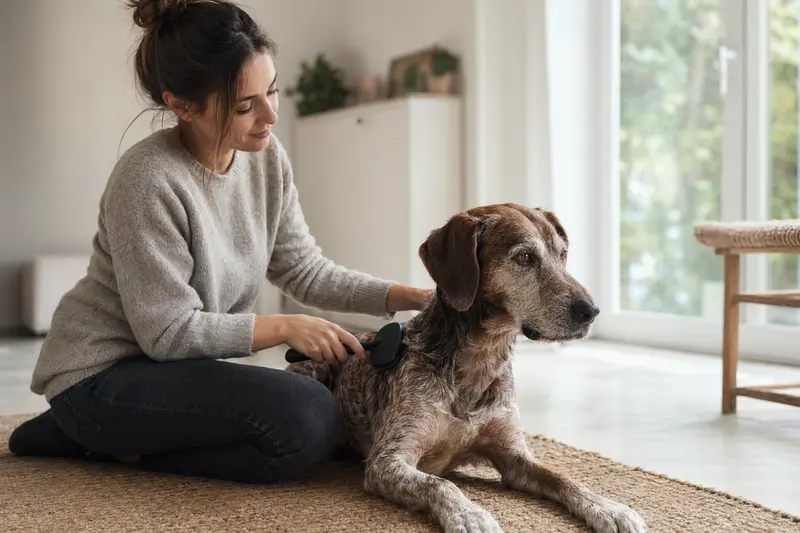 Ein Hygenbracke-Hund wird zuhause sanft gebürstet, während sich der Besitzer liebevoll um die Fellpflege kümmert.