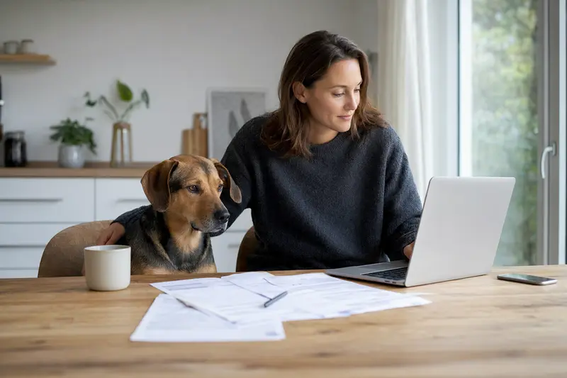 Ein Hygenbracke sitzt ruhig neben seinem Besitzer am Küchentisch mit Versicherungsunterlagen und einem Laptop zur Hundekrankenversicherung.
