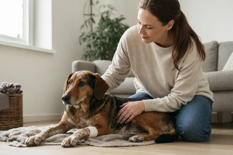 Ein Hygenbracke Hund mit leichtem Verband an der Pfote liegt ruhig auf einer Decke, während sein Besitzer erleichtert neben ihm sitzt.