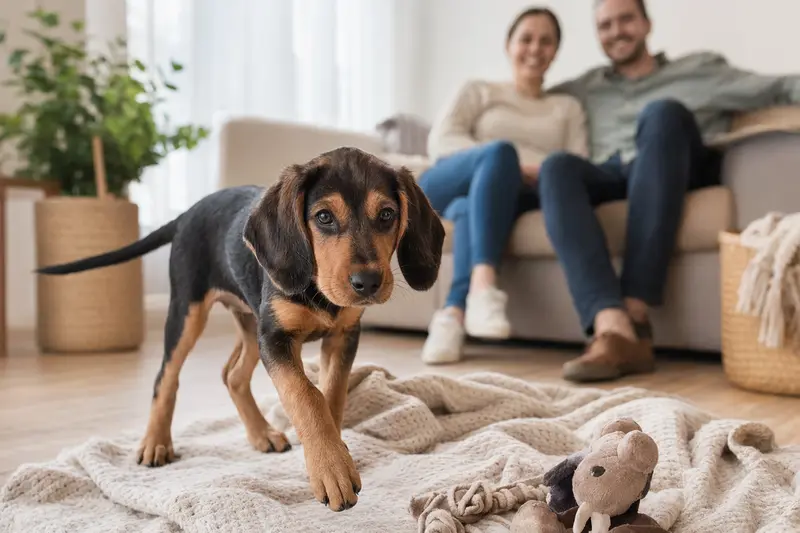 Junger Hygenbracke-Welpe entdeckt neugierig sein neues Zuhause in einer hellen Wohnung mit Decke und Spielzeug, während seine Familie im Hintergrund liebevoll zusieht.