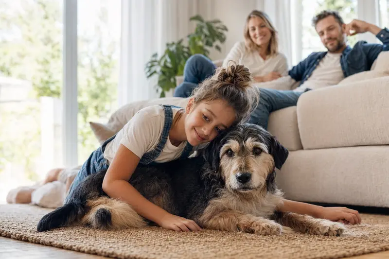 Ein freundlicher Hygenhund liegt entspannt neben einem Kind im hellen Wohnzimmer einer Familie.