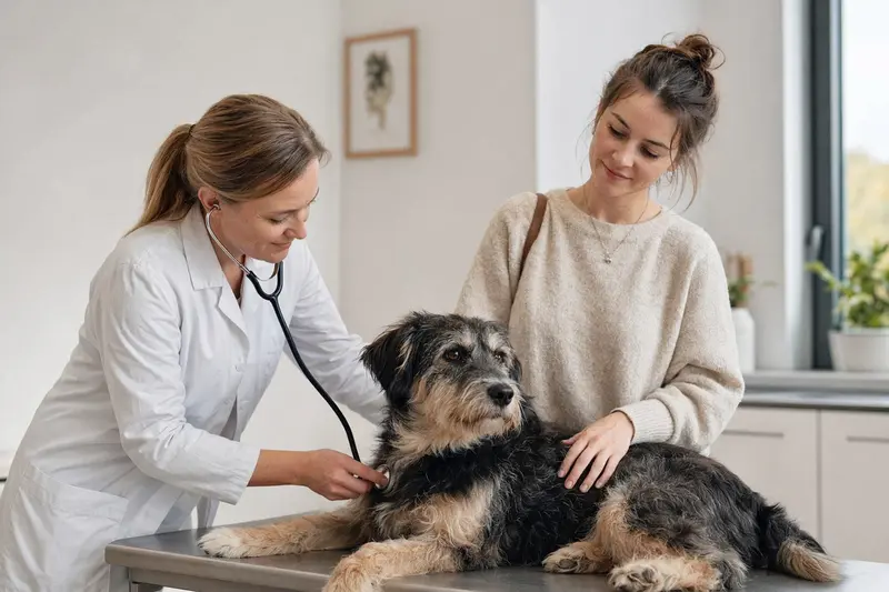 Ein ruhiger Hygenhund wird von einer freundlichen Tierärztin mit einem Stethoskop in einer modernen Tierarztpraxis untersucht.
