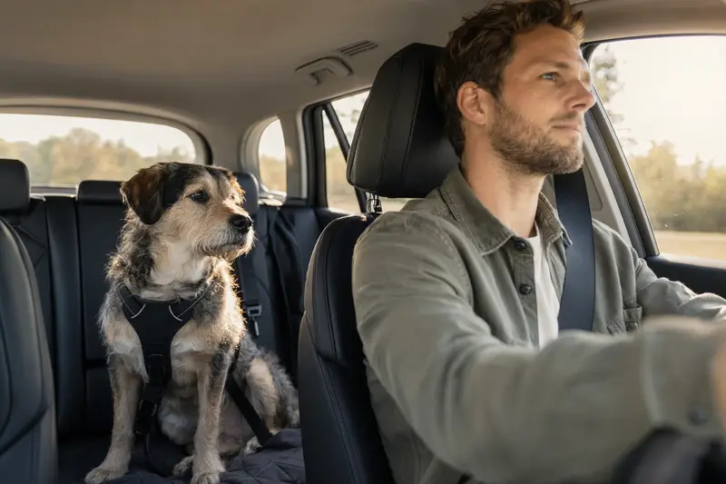 Ein Hygenhund sitzt sicher angeschnallt auf der Rückbank eines Autos, während sein Besitzer entspannt fährt.