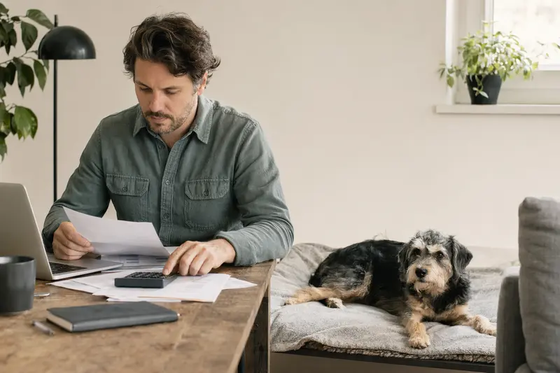 Hundebesitzer sitzt mit einer Tierarztrechnung am Tisch, während ein ruhiger Hund auf einer Decke liegt und das Thema Tierarztkosten und Hundekrankenversicherung visuell unterstützt.