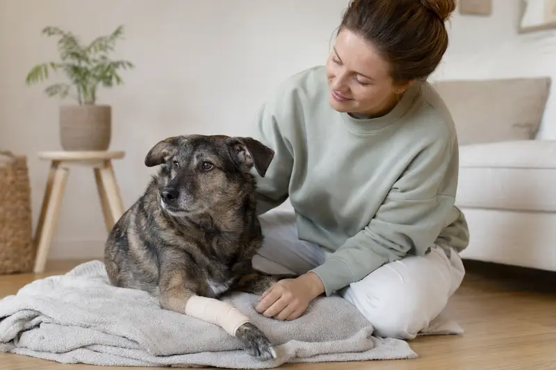 Ein entspannter Hygenhund mit leichtem Verband an der Pfote liegt auf einer Decke, während sein erleichterter Besitzer an seiner Seite sitzt.