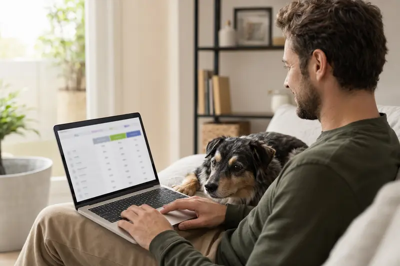 Ein Hund sitzt entspannt neben einem Laptopbesitzer auf dem Sofa in einer hellen Wohnung, während der Bildschirm einen Versicherungsvergleich zeigt.