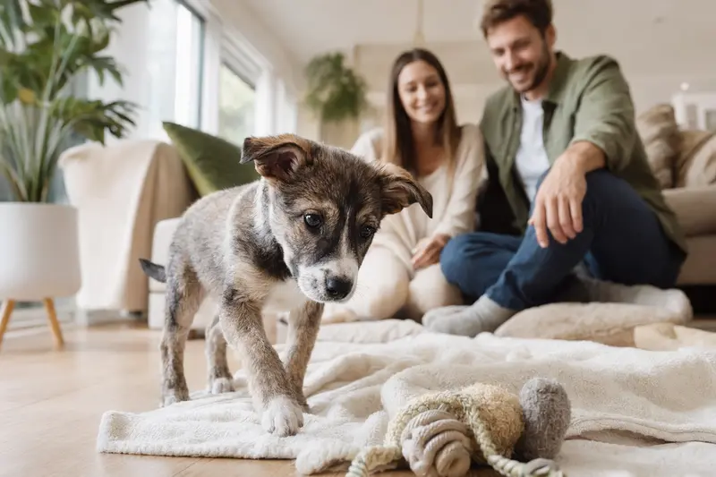 Ein neugieriger Hygenhund Welpe erkundet sein neues Zuhause mit einer liebevollen Familie im Hintergrund.