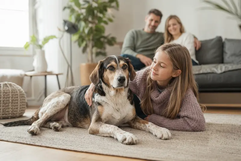 Ein freundlicher Hygenlaufhund liegt entspannt neben einem Kind im Wohnzimmer in einer sicheren Familienatmosphäre.