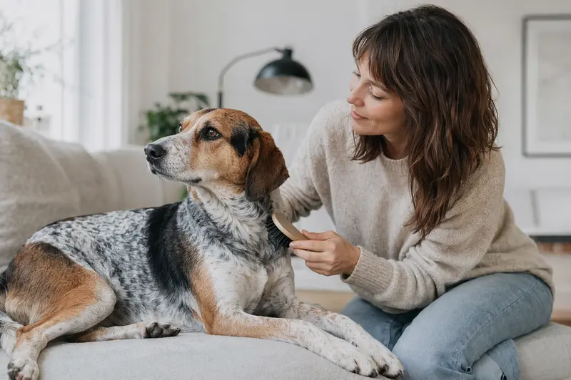 Ein Hygenlaufhund wird zuhause von seinem Besitzer sanft gebürstet, als Teil der liebevollen Fellpflege und Gesundheitsvorsorge.