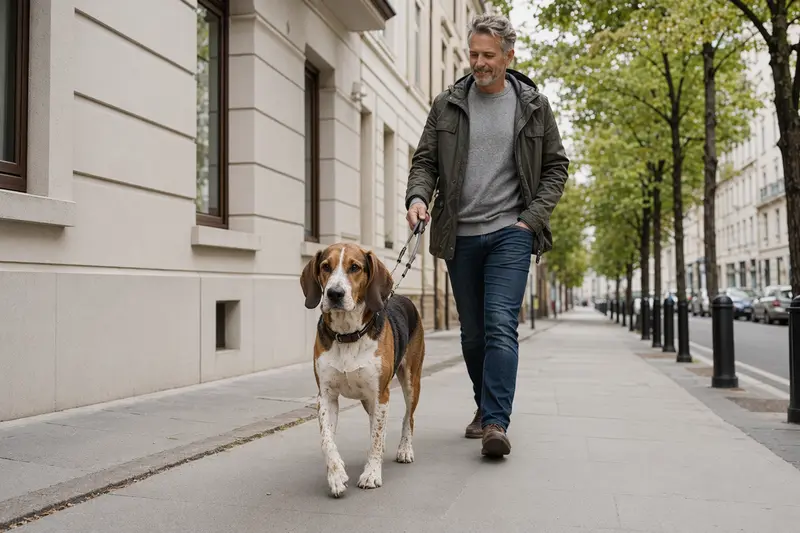Ein Hygenlaufhund läuft entspannt an der Leine mit seinem Besitzer durch eine moderne Stadtstraße.